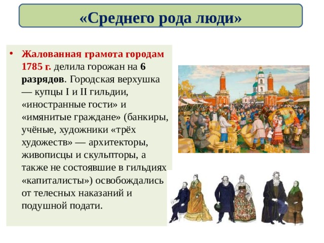 «Среднего рода люди» Жалованная грамота городам 1785 г. делила горожан на 6 разрядов . Городская верхушка — купцы I и II гильдии, «иностранные гости» и «имянитые граждане» (банкиры, учёные, художники «трёх художеств» — архитекторы, живописцы и скульпторы, а также не состоявшие в гильдиях «капиталисты») освобождались от телесных наказаний и подушной подати. 