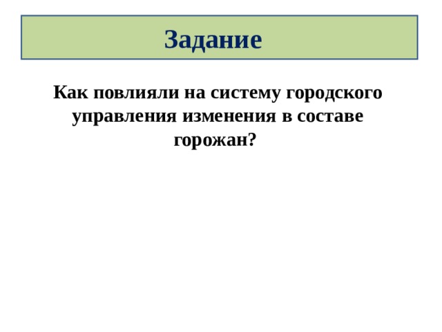 Задание Как повлияли на систему городского управления изменения в составе горожан? 