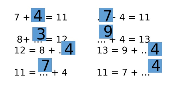 7 7 + … = 11 … + 4 = 11  8+ … = 12 … + 4 = 13  12 = 8 + … 13 = 9 + …  11 = … + 4 11 = 7 + …   4 9 3 4 4 4 7