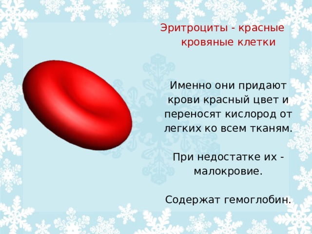 Эритроциты - красные кровяные клетки    Именно они придают крови красный цвет и переносят кислород от легких ко всем тканям.   При недостатке их - малокровие.   Содержат гемоглобин. 