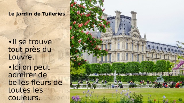 Le Jardin de Tuileries • Il se trouve tout près du Louvre. • Ici on peut admirer de belles fleurs de toutes les couleurs. 