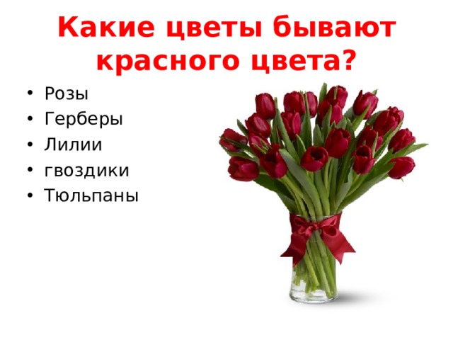 Какие цветы бывают красного цвета? Розы Герберы Лилии гвоздики Тюльпаны  