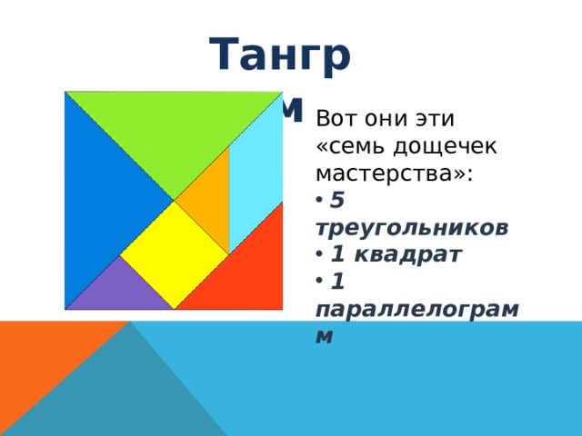 Танграм Вот они эти «семь дощечек мастерства»:  5 треугольников  1 квадрат  1 параллелограмм 