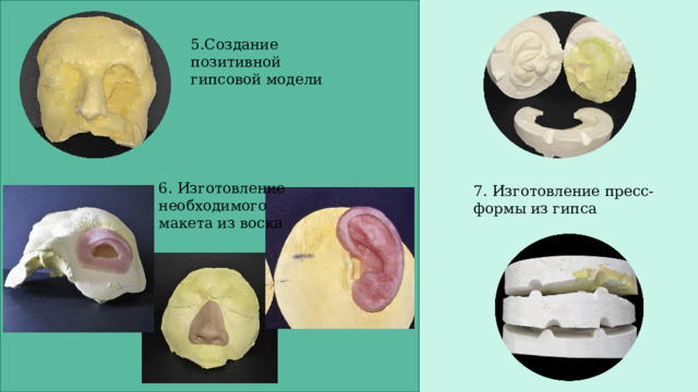 5.Создание позитивной гипсовой модели 6. Изготовление необходимого макета из воска 7. Изготовление пресс-формы из гипса 