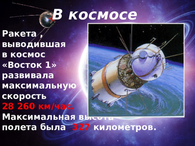 В космосе Ракета , выводившая в космос «Восток 1» развивала максимальную скорость 28 260 км/час. Максимальная высота полета была 327 километров.  
