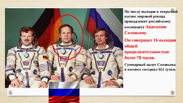 По числу выходов в открытый космос мировой рекорд принадлежит российскому космонавту  Анатолию Соловьеву. Он совершил 16 выходов общей продолжительностью более 78 часов. Суммарный налет Соловьева в космосе составил 651 сутки. 