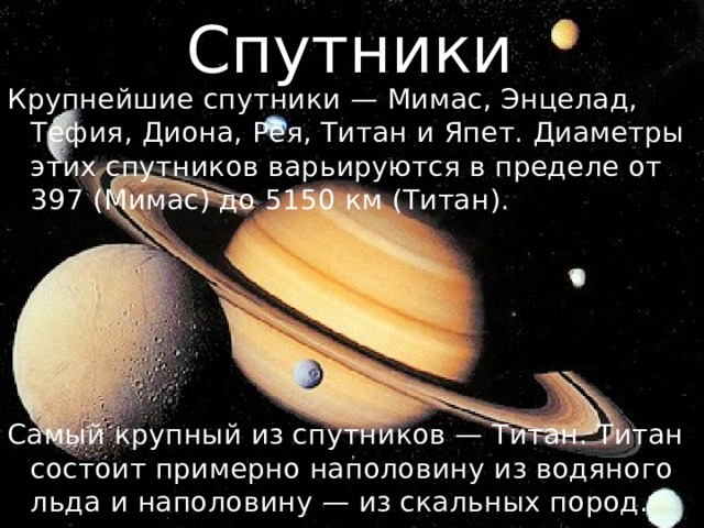 Спутники Крупнейшие спутники — Мимас, Энцелад, Тефия, Диона, Рея, Титан и Япет. Диаметры этих спутников варьируются в пределе от 397 (Мимас) до 5150 км (Титан). Самый крупный из спутников — Титан. Титан состоит примерно наполовину из водяного льда и наполовину — из скальных пород. 