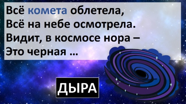 Всё комета облетела,  Всё на небе осмотрела.  Видит, в космосе нора –  Это черная … 