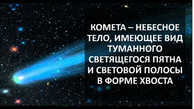 КОМЕТА – НЕБЕСНОЕ ТЕЛО, ИМЕЮЩЕЕ ВИД ТУМАННОГО СВЕТЯЩЕГОСЯ ПЯТНА И СВЕТОВОЙ ПОЛОСЫ В ФОРМЕ ХВОСТА 