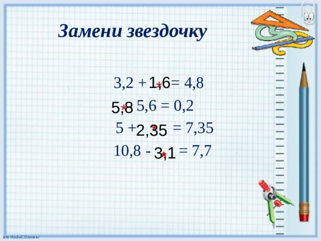 Замени звездочку  3,2 + = 4,8  - 5,6 = 0,2  5 + = 7,35  10,8 - = 7,7 1,6 * 5,8 * * 2,35 3,1 * 