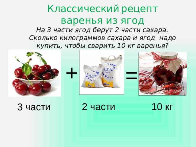 Классический  рецепт  варенья из ягод   На 3 части ягод берут 2 части сахара.  Сколько килограммов сахара и ягод надо купить, чтобы сварить 10 кг варенья? + = 2 части 10 кг 3 части 