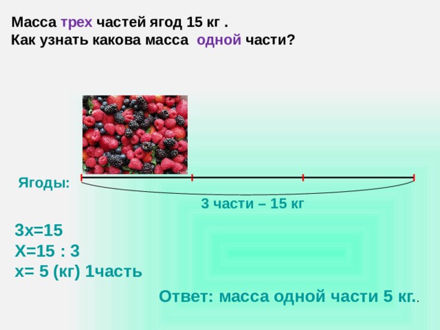 Масса трех частей ягод 15 кг . Как узнать какова масса одной части? Ягоды: 3 части – 15 кг 3х=15 Х=15 : 3 х= 5 (кг) 1часть Ответ: масса одной части 5 кг. . 