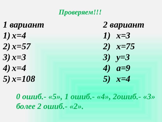 Проверяем!!! 1 вариант 2 вариант х=4 х=57 х=3 х=4 х=108 х=3 х=75 у=3 а=9 х=4    0 ошиб.- «5», 1 ошиб.- «4», 2ошиб.- «3» более 2 ошиб.- «2». 