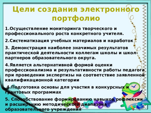 Цели создания электронного портфолио 1.Осуществление мониторинга творческого и профессионального роста конкретного учителя. 2.Систематизация учебных материалов и наработок 3. Демонстрация наиболее значимых результатов практической деятельности коллегам школы и школ-партнеров образовательного округа. 4.Является альтернативной формой оценки профессионализма и результативности работы педагога при проведении экспертизы на соответствие заявленной квалификационной категории  4.Подготовка основы для участия в конкурсных и грантовых программах 5. Способствование формированию навыков рефлексии и расширению методического диапазона образовательного учреждения 