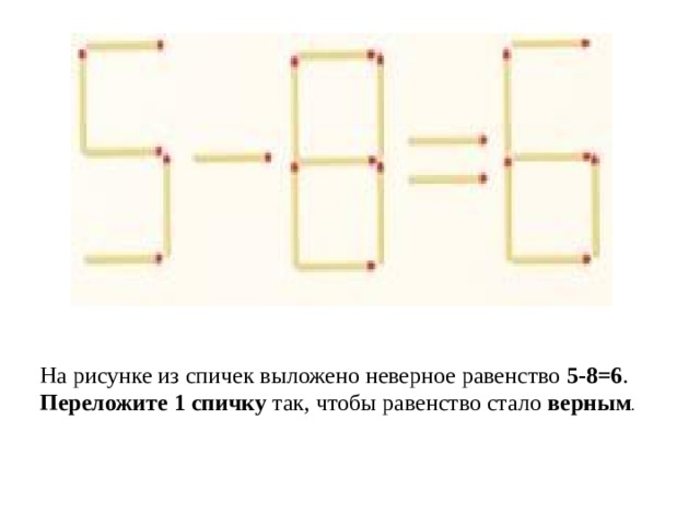 Из нескольких спичек выложена фигура как показано. На рисунке из спичек выложено неверное равенство. Переставить спичку 8-1=6. 6-6=8 Спички. Переложить спичку 6+5 =6.