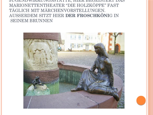 Steinau an der Straße  – die Jugendwirkungsstätte, hier begeistert das Marionettentheater “Die Holzköppe” fast täglich mit Märchenvorstellungen. Außerdem sitzt hier  der Froschkönig  in seinem Brunnen. 