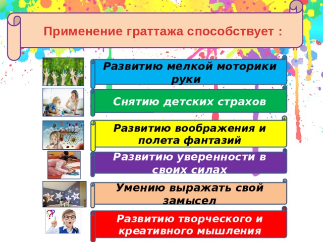 Применение граттажа способствует : Развитию мелкой моторики руки Снятию детских страхов Развитию воображения и полета фантазий Развитию уверенности в своих силах Умению выражать свой замысел Развитию творческого и креативного мышления 