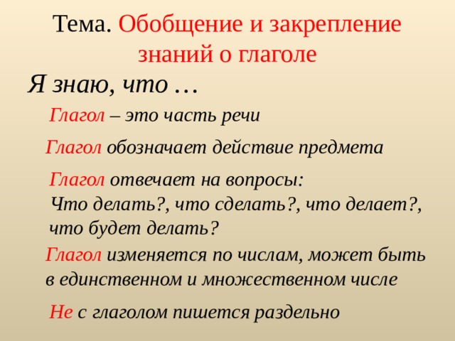 Обобщение знаний о глаголе 4 класс школа россии презентация