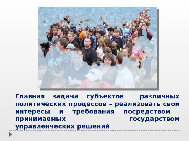 Главная задача субъектов различных политических процессов – реализовать свои интересы и требования посредством принимаемых государством управленческих решений 