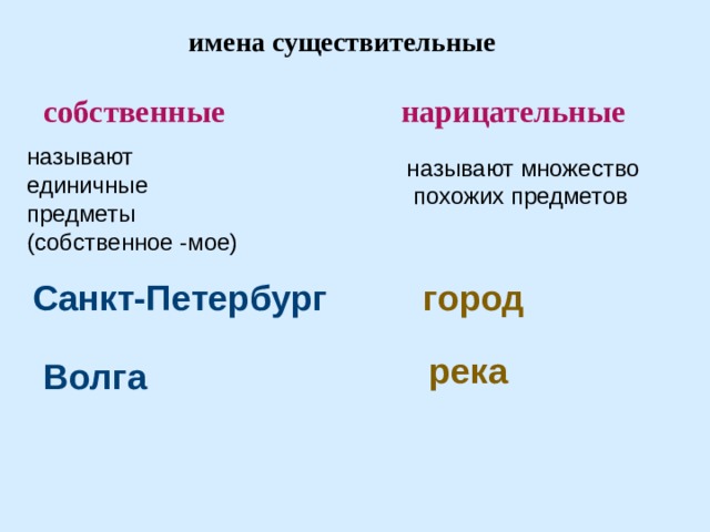 имена существительные собственные нарицательные называют единичные предметы (собственное -мое) называют множество  похожих предметов город Санкт-Петербург река Волга 