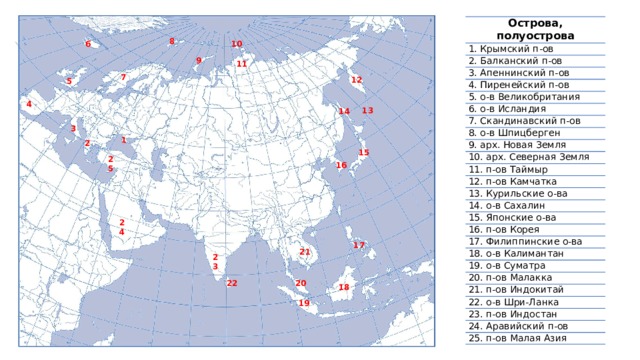 Определите какие моря омывают материк евразия. Номенклатура береговой линии Евразии. Физическая карта Евразии полуострова. Номенклатура Евразия 7 класс география. Карта Евразии физическая номенклатура.