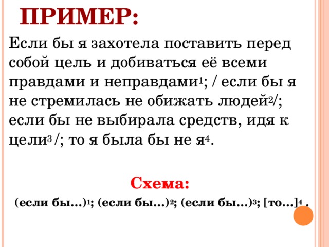 ПРИМЕР: Если бы я захотела поставить перед собой цель и добиваться её всеми правдами и неправдами 1 ; / если бы я не стремилась не обижать людей 2 /; если бы не выбирала средств, идя к цели 3 /; то я была бы не я 4 . Схема: (если бы…) 1 ; (если бы…) 2 ; (если бы…) 3 ; [то…] 4  .  