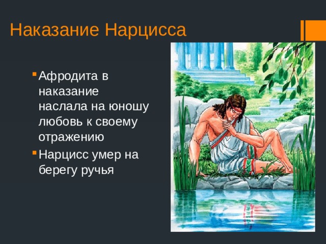 Наказание Нарцисса Афродита в наказание наслала на юношу любовь к своему отражению Нарцисс умер на берегу ручья 