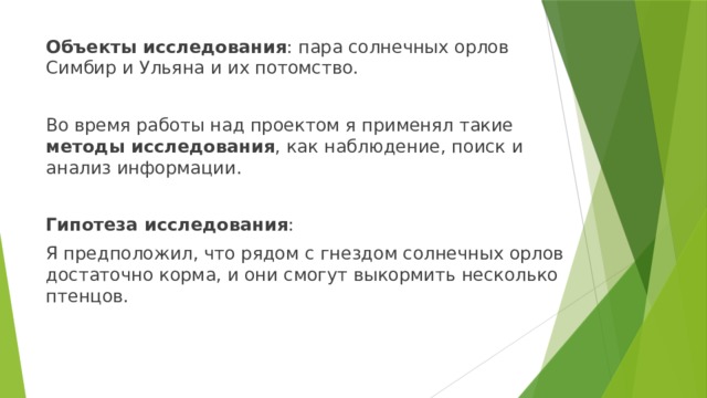 Объекты исследования : пара солнечных орлов Симбир и Ульяна и их потомство. Во время работы над проектом я применял такие методы исследования , как наблюдение, поиск и анализ информации. Гипотеза исследования : Я предположил, что рядом с гнездом солнечных орлов достаточно корма, и они смогут выкормить несколько птенцов. 