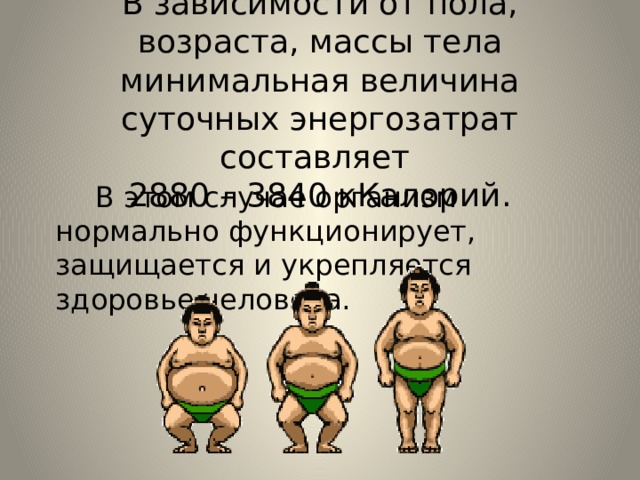   В зависимости от пола, возраста, массы тела минимальная величина суточных энергозатрат составляет  2880 – 3840 кКалорий.  В этом случае организм нормально функционирует, защищается и укрепляется здоровье человека. 