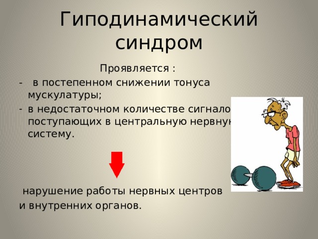 Гиподинамический синдром  Проявляется : - в постепенном снижении тонуса мускулатуры; в недостаточном количестве сигналов поступающих в центральную нервную систему.  нарушение работы нервных центров и внутренних органов. 