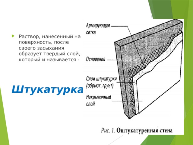 Раствор, нанесенный на поверхность, после своего засыхания образует твердый слой, который и называется - Штукатурка 