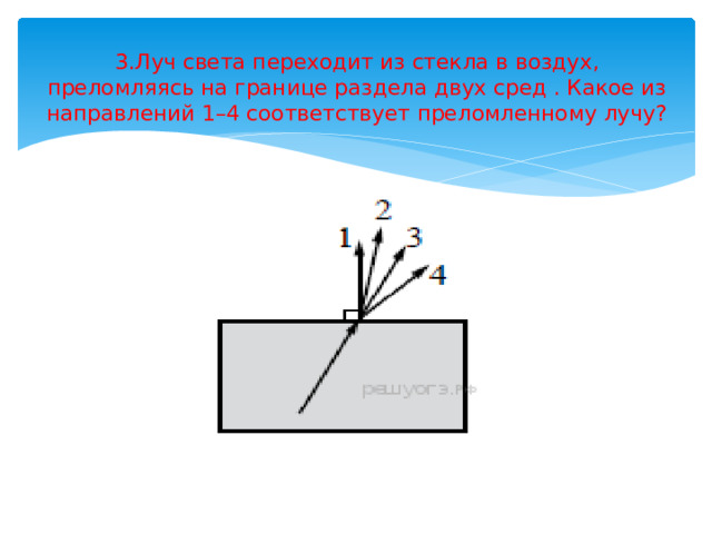 3.Луч света переходит из стекла в воздух, преломляясь на границе раздела двух сред . Какое из направлений 1–4 соответствует преломленному лучу? 