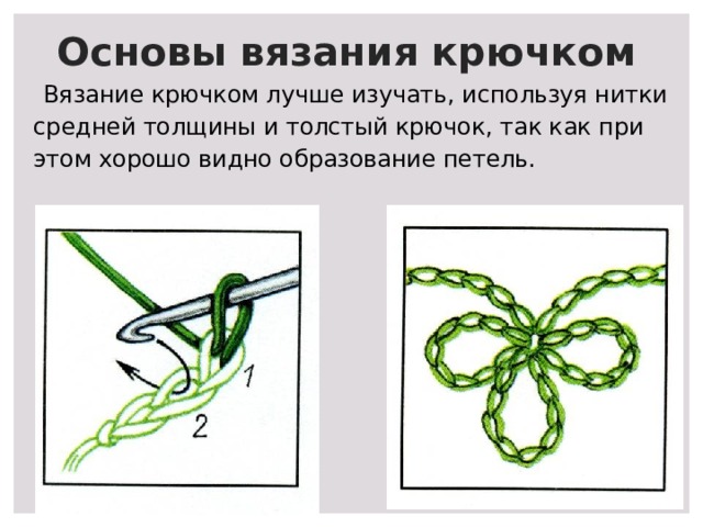 Основы вязания крючком  Вязание крючком лучше изучать, используя нитки средней толщины и толстый крючок, так как при этом хорошо видно образование петель. 