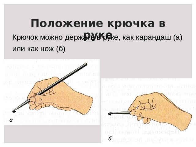 Положение крючка в руке  Крючок можно держать в руке, как карандаш (а)  или как нож (б) 
