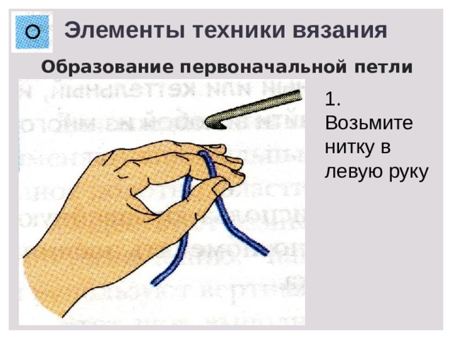 Элементы техники вязания Образование первоначальной петли  1. Возьмите нитку в левую руку 