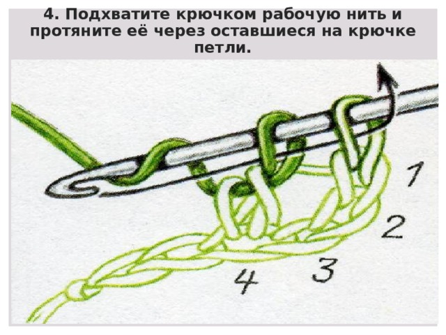 4. Подхватите крючком рабочую нить и протяните её через оставшиеся на крючке петли. 