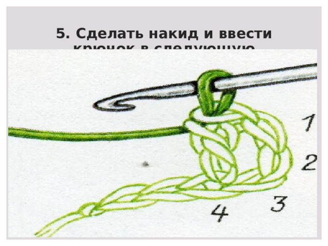 5. Сделать накид и ввести крючок в следующую воздушную петлю. 