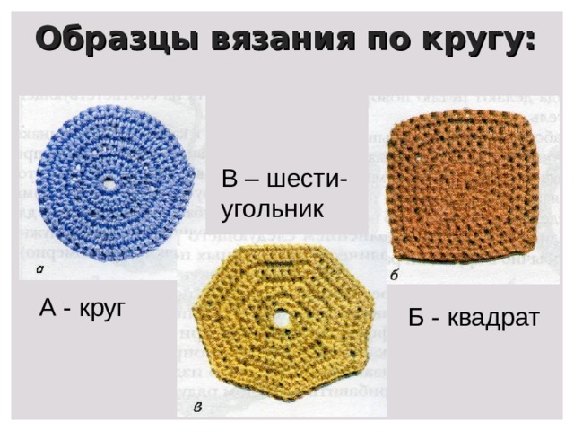 Образцы вязания по кругу: В – шести- угольник А - круг Б - квадрат 