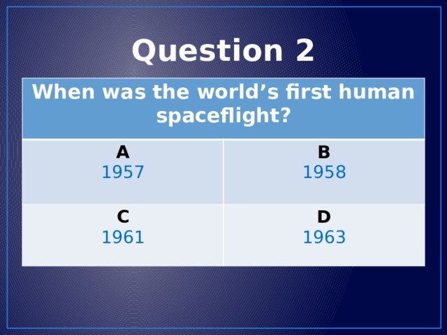 Question 2 When was the world’s first human spaceflight? A 1957 B C 1958 1961 D 1963 
