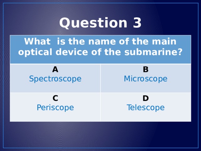 Question 3 What is the name of the main optical device of the submarine? A Spectroscope B C Microscope Periscope D Telescope 