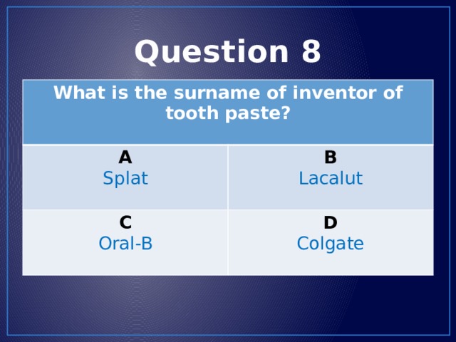 Question 8 What is the surname of inventor of tooth paste? A Splat B C Lacalut Oral-B D Colgate 