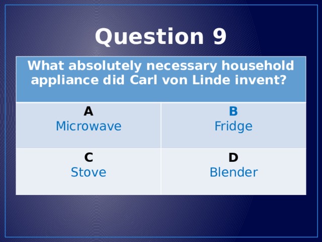 Question 9 What absolutely necessary household appliance did Carl von Linde invent? A Microwave B C Fridge Stove D Blender 