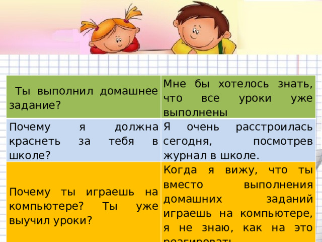  Ты выполнил домашнее задание? Мне бы хотелось знать, что все уроки уже выполнены Почему я должна краснеть за тебя в школе? Я очень расстроилась сегодня, посмотрев журнал в школе. Почему ты играешь на компьютере? Ты уже выучил уроки? Когда я вижу, что ты вместо выполнения домашних заданий играешь на компьютере, я не знаю, как на это реагировать. 