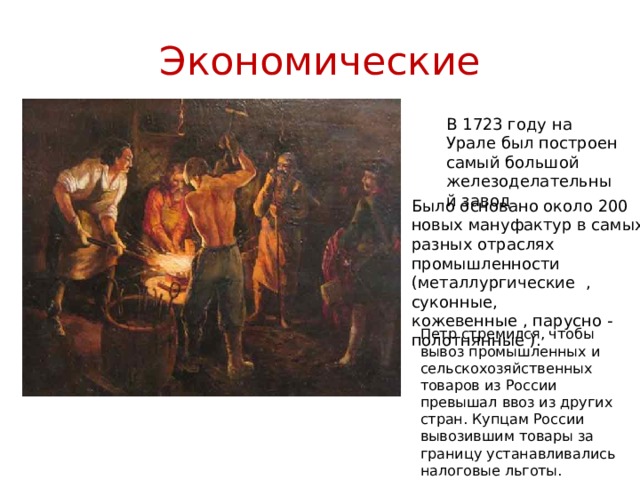 Экономические В 1723 году на Урале был построен самый большой железоделательный завод Было основано около 200 новых мануфактур в самых разных отраслях промышленности (металлургические , суконные, кожевенные , парусно - полотнянные ). Петр стремился, чтобы вывоз промышленных и сельскохозяйственных товаров из России превышал ввоз из других стран. Купцам России вывозившим товары за границу устанавливались налоговые льготы. 
