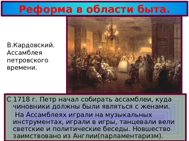 Реформа в области быта. В.Кардовский. Ассамблея петровского времени. С 1718 г. Петр начал собирать ассамблеи, куда чиновники должны были являться с женами.  На Ассамблеях играли на музыкальных инструментах, играли в игры, танцевали вели светские и политические беседы. Новшество заимствовано из Англии(парламентаризм). 
