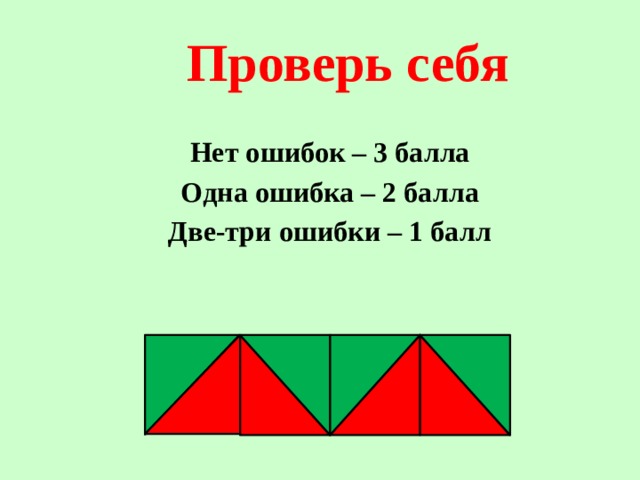 Проверь себя Нет ошибок – 3 балла Одна ошибка – 2 балла Две-три ошибки – 1 балл       