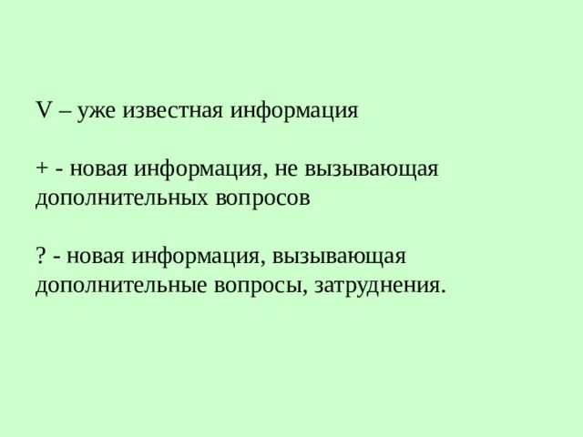 V – уже известная информация   + - новая информация, не вызывающая дополнительных вопросов   ? - новая информация, вызывающая дополнительные вопросы, затруднения. 