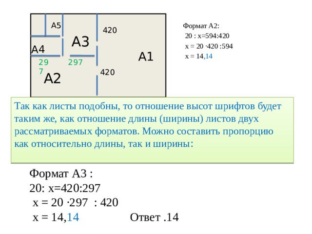  А1  Формат А2:  20 : х=594:420  х = 20 ·420 :594  х = 14 ,14 А5 420 А3 А4 297 297 420 А2 Так как листы подобны, то отношение высот шрифтов будет таким же, как отношение длины (ширины) листов двух рассматриваемых форматов. Можно составить пропорцию как относительно длины, так и ширины :   Формат А3 :  20: х=420:297  х = 20 ·297 : 420  х = 14, 14 Ответ .14 