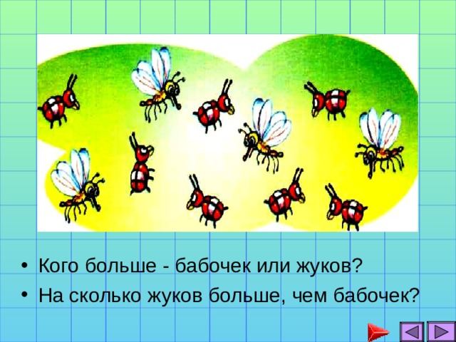 Кого больше - бабочек или жуков? На сколько жуков больше, чем бабочек? 