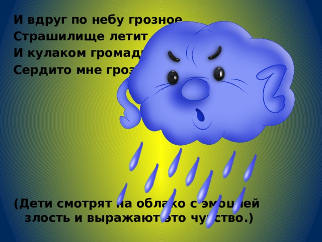 И вдруг по небу грозное Страшилище летит И кулаком громадным Сердито мне грозит.        (Дети смотрят на облако с эмоцией злость и выражают это чувство.) 